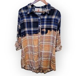 Boho Jane Woodstock Bleach dyed Long Sleeve Button down Plaid shirt Size Small
